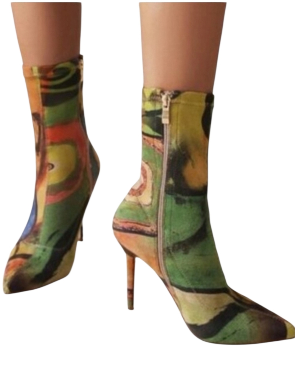 Vivianly Pointy Toe Stiletto Heels Printed Sock Ankle Booties